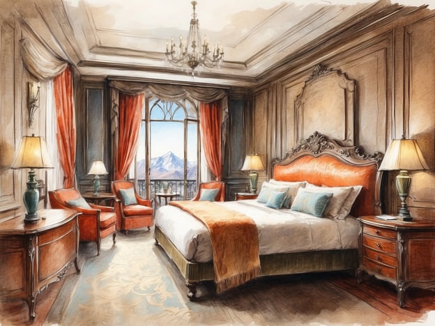 Auf dem Bild ist ein elegantes und stilvolles Schlafzimmer zu sehen, das an das Ambiente eines hochwertigen Hotels erinnert. Die Wände sind geschmackvoll dekoriert, und großes Fenster bieten einen Blick auf eine Berglandschaft. Die Einrichtung umfasst ein großes Bett mit dekorativen Kissen, gemütliche Sessel und ansprechende Beleuchtung.
NH Hotels sind bekannt für ihre komfortablen und gut eingerichteten Zimmer, die eine einladende Atmosphäre schaffen. Die Hotels bieten oft moderne Annehmlichkeiten und sind ideal für Geschäftsreisende sowie Urlauber. Die Gestaltung und Ausstattung der Zimmer können entsprechend dem Standort variieren, wobei der Fokus immer auf Qualität und Service liegt.