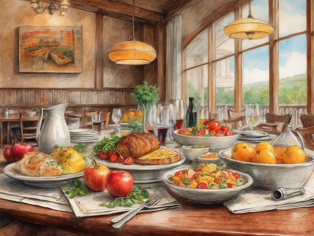 Auf dem Bild ist eine einladende Tafel in einem Restaurant setting zu sehen, die reichhaltig mit verschiedenen kulinarischen Köstlichkeiten gedeckt ist. Die Anrichtung umfasst frisches Obst, wie Äpfel und Orangen, sowie eine bunte Salatmischung. Es sind auch herzhafte Speisen zu erkennen, wie Brot und ein Braten.
In den NH Hotels wird der gastronomische Fokus auf hochwertige, regionale Speisen gelegt, die oft saisonale Zutaten nutzen. Die Restaurants bieten eine Vielzahl kulinarischer Highlights, die von kreativen Frühstücksbuffets bis zu exquisiten Abendmenüs reichen. Gäste können hierbei ein einzigartiges Geschmackserlebnis genießen, das sowohl lokal als auch international inspiriert ist.