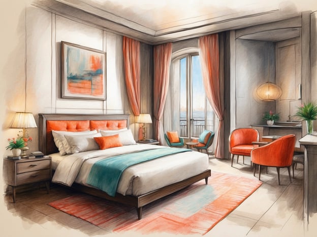 Auf dem Bild ist ein Hotelzimmer zu sehen. Es verfügt über ein großes Bett mit eleganten Kissen und eine komfortable Bettdecke. An der Wand hängt ein modernes Kunstwerk. Die Fenster sind mit langen, farbigen Vorhängen ausgestattet, die viel Tageslicht hereinlassen. 

Neben dem Bett stehen Nachttische mit Lampen. In der Ecke des Zimmers befinden sich ein paar bequeme Sessel und ein kleiner Tisch, ideal für entspannte Momente. Zudem ist ein kleiner Arbeitsplatz oder eine Miniküche in der Nähe, die das Zimmer zusätzlich praktisch macht. Der Boden ist mit einem dekorativen Teppich bedeckt, der dem Raum eine warme Atmosphäre verleiht.