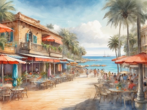 Auf dem Bild ist eine malerische Strandpromenade zu sehen, gesäumt von Palmen und gemütlichen Cafés oder Restaurants mit roten Sonnenschirmen. Die Szene vermittelt eine entspannte, mediterrane Atmosphäre und lädt zum Verweilen ein.In der Umgebung könnten Sehenswürdigkeiten wie der lange Sandstrand, eine Strandpromenade oder ein malerischer Hafen zu finden sein. Auch historische Gebäude oder Denkmäler könnten die Kulisse prägen und den Charakter des Ortes unterstreichen. Solche Plätze sind oft ideale Anlaufstellen für Touristen, um die lokale Kultur und Küche zu genießen.