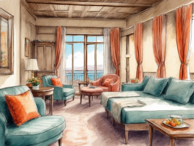 Auf dem Bild ist ein geräumiges und einladendes Hotelzimmer zu sehen. Es ist geschmackvoll eingerichtet mit hellen Farben, darunter blaue Sofas und orangefarbene Kissen. Große Fenster bieten einen Blick auf das Freie, möglicherweise auf einen Balkon oder eine Aussicht auf Wasser, was für eine entspannende Atmosphäre sorgt. Die Einrichtung ist modern und komfortabel, mit einer Mischung aus gemütlichen Sitzgelegenheiten und stilvollen Details, die typisch für hochwertige Hotels sind.
Im Kontext von NH Hotels können solche Räume ein Beispiel für die ansprechende und komfortable Gestaltung ihrer Unterkünfte sein. NH Hotels legen Wert auf Qualität, Komfort und eine einladende Atmosphäre, um den Gästen einen angenehmen Aufenthalt zu bieten.