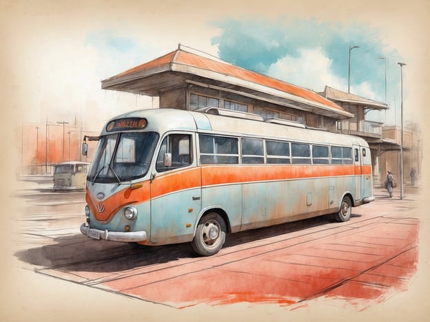 Auf dem Bild ist ein nostalgischer Bus zu sehen, der an einer Haltestelle hält. Der Bus hat eine auffällige zweifarbige Lackierung, die von Orange und Blau dominiert wird. Im Hintergrund sieht man einen modernen Bahnhofsbereich mit mehreren Säulen und einer Überdachung.
In Bezug auf das NH Hotel in Nürnberg: Wenn du in der Nähe bist, bietet das Hotel eine bequeme Anbindung an öffentliche Verkehrsmittel, die dir ermöglichen, die Stadt und ihre Sehenswürdigkeiten leicht zu erkunden, ähnlich wie der Bus auf dem Bild, der Passagiere befördert.