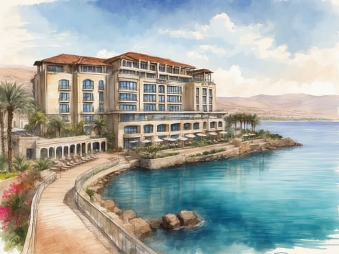 Das Bild zeigt das Leonardo Plaza Tiberias, ein elegantes Hotel am Wasser. Das Gebäude hat eine moderne Architektur mit mehreren Etagen und großen Fenstern. Vor dem Hotel verläuft ein malerischer Gehweg, der von Palmen und bunten Blumen gesäumt ist. Am Ufer befindet sich ein Bereich mit Liegen und Sonnenschirmen. Das Wasser ist ruhig und klar und spiegelt den blauen Himmel wider, während im Hintergrund sanfte Hügel zu sehen sind.