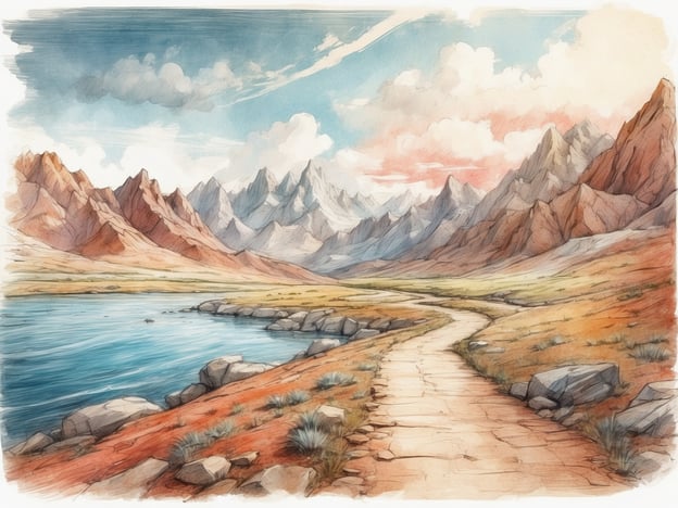 Auf dem Bild ist eine malerische Landschaft mit Bergen, einem ruhigen See und einem schmalen Weg zu sehen. Die Farben und die Darstellung wirken sehr eindrucksvoll und laden zu Erkundungen ein.
Wenn sich ein Hotel in der Nähe dieser Landschaft befindet, könnten folgende Freizeitmöglichkeiten in Betracht gezogen werden:
1. **Wandern**: Es gibt sicher zahlreiche Wanderwege, die durch die Berge und entlang des Sees führen.
2. **Fotografie**: Die beeindruckende Natur bietet perfekte Motive für Fotografien.
3. **Bootfahren**: Wenn der See groß genug ist, könnte man vielleicht ein Boot mieten oder an einer Bootstour teilnehmen.
4. **Picknicken**: Eine gemütliche Pause mit Sicht auf die Schönheit der Natur.
5. **Vogelbeobachtung**: Die Umgebung könnte eine große Vielfalt an Vögeln bieten.
Diese Aktivitäten könnten den Aufenthalt in der Natur bereichern und entspannend sein.