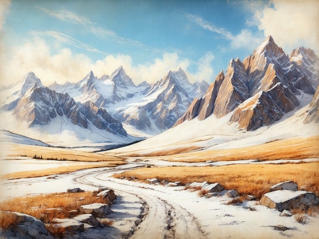 Das Bild zeigt eine beeindruckende alpine Landschaft mit majestätischen Bergen, die mit Schnee bedeckt sind. In der Mitte schlängelt sich ein Weg durch eine weite, goldene Wiese, die teilweise mit Schnee bedeckt ist. Die dramatischen Felsformationen im Hintergrund zeugen von der einzigartigen Schönheit der Berge. Der Himmel ist klar und strahlt in einem sanften Blau, was die friedliche Atmosphäre der Szenerie unterstreicht.Diese Art von Landschaft ist charakteristisch für Orte wie Verbier in den Schweizer Alpen, die für ihre atemberaubenden Ausblicke, Skimöglichkeiten und Wanderwege bekannt sind. Verbier zieht sowohl Wintersportler als auch Naturbegeisterte an, die die beeindruckende Aussicht und die frische Bergluft genießen möchten.