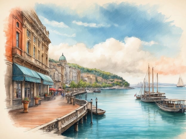 Auf dem Bild ist eine malerische Uferpromenade zu sehen, die entlang eines ruhigen Gewässer verläuft. Links stehen elegante Gebäude mit geschmückten Fassaden, unter denen sich kleine Cafés oder Restaurants mit bunten Sonnenschirmen befinden. Die Promenade selbst ist aus Holz und leicht geschwungen, was einen einladenden Charakter vermittelt.
Im Hintergrund erhebt sich eine grüne Hügelkette, die das Bild umrahmt, und in der Ferne sind Segelboote auf dem Wasser sichtbar. Der Himmel ist teilweise bewölkt und strahlt ein sanftes Licht aus, was die gesamte Szene warm und einladend wirken lässt. Die Atmosphäre wirkt friedlich und lädt zum Entspannen ein.