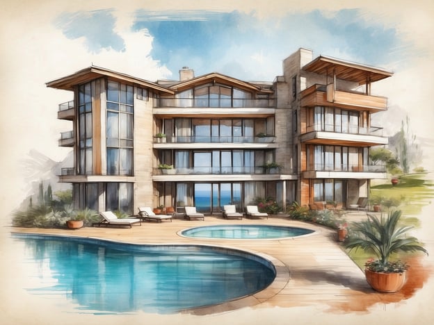 Auf dem Bild ist eine moderne Villa mit mehreren Etagen zu sehen. Die Unterkunft verfügt über große Fenster, die einen atemberaubenden Blick auf die Umgebung ermöglichen. Vor dem Gebäude erstreckt sich ein Swimmingpool, der von einer Holzterrasse umgeben ist.
Die Ausstattung umfasst Liegen, die zum Entspannen einladen, und in den Pflanzenkübeln befinden sich verschiedene Pflanzen, die zur schönen Atmosphäre beitragen. Die Architektur ist eine gelungene Kombination aus Stein und Holz, was der Villa ein stilvolles und einladendes Aussehen verleiht.