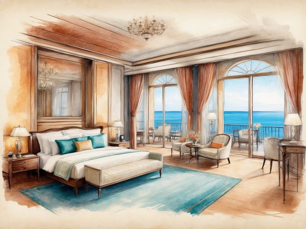 Auf dem Bild ist ein elegantes Hotelzimmer zu sehen, das eine luxuriöse Atmosphäre ausstrahlt. Es handelt sich um eine **Junior-Suite oder ein Balkonzimmer**, das einen herrlichen Blick auf das Meer bietet.### Zimmerkategorien und Ausstattung:- **Betten:** Ein großes, komfortables Doppelbett mit hochwertiger Bettwäsche.- **Sitzbereich:** Es gibt eine gemütliche Sitzecke mit zwei Stühlen und einem kleinen Tisch, ideal zum Entspannen.- **Dekoration:** Die Wände sind geschmackvoll mit warmen Farben und einem großen Spiegel dekoriert.- **Fenster:** Große Fenster sorgen für viel Tageslicht und bieten Zugang zu einem Balkon oder einer Terrasse mit Meerblick.- **Teppich:** Ein stilvoller Teppich verleiht dem Raum Gemütlichkeit.- **Beleuchtung:** Elegante Lampen und ein Kronleuchter sorgen für eine angenehme Beleuchtung.Das Zimmer vermittelt ein Gefühl von Luxus und Komfort und ist ideal für einen entspannenden Aufenthalt.