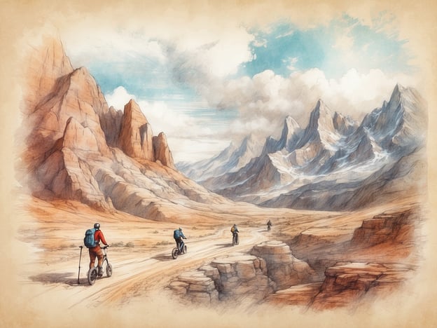 Auf dem Bild sind mehrere Personen zu sehen, die auf speziellen Fahrrädern, möglicherweise E-Mountainbikes oder ähnlichen Fahrzeugen, durch eine beeindruckende Landschaft fahren. Die Umgebung zeigt hohe Berge und steile Felsen, was auf ein spannendes Outdoor-Abenteuer hindeutet.Diese Szene könnte für Freizeitaktivitäten wie Radfahren, Wandern oder Mountainbiken stehen. Die majestätische Berglandschaft lädt auch zu Erkundungstouren und Fotografie ein, während die Weite der Natur die Möglichkeit für Abenteuer in der Wildnis bietet.
