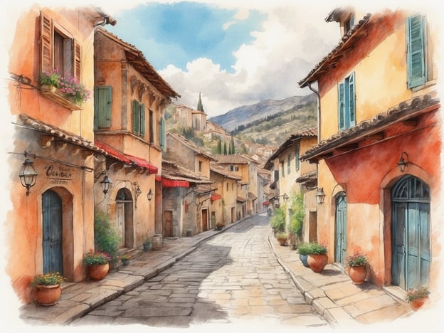 Auf dem Bild ist eine malerische, mit Häusern gesäumte Straße zu sehen, die an eine historische Stadt erinnert. Die Fassaden der Häuser sind in warmen, sanften Farben gehalten, und Fenster mit Fensterläden verleihen Charme. Topfpflanzen an den Hauswänden und Straßenlaternen fügen eine einladende Note hinzu. Diese Szenerie könnte mit den verwinkelten Gassen und der architektonischen Schönheit von Graz assoziiert werden, einer Stadt, die für ihre gut erhaltene Altstadt und ihre Vielzahl an kulturellen Sehenswürdigkeiten bekannt ist. Die sanften Hügel im Hintergrund erinnern an die naturnahe Lage Graz' in der steirischen Landschaft.