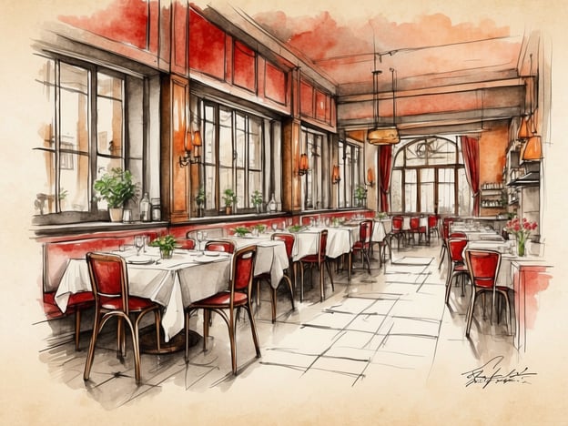 Auf dem Bild ist ein gemütliches Restaurant zu sehen, das eine einladende Atmosphäre ausstrahlt. Die eleganten Tische mit weißen Tischdecken und die stilvollen roten Stühle laden zu einem kulinarischen Erlebnis ein. Große Fenster sorgen für viel Licht und bieten einen Blick auf die Umgebung, während Pflanzen und Dekorationen dem Raum Gemütlichkeit verleihen.In Verbier könnte solch ein Ort hervorragende lokale Spezialitäten wie Raclette oder Fondue anbieten, die perfekt zu der alpinen Umgebung passen. Die Kombination aus gehobener Atmosphäre und traditioneller Küche macht ein Essen in einem solchen Restaurant zu einem besonderen Erlebnis.