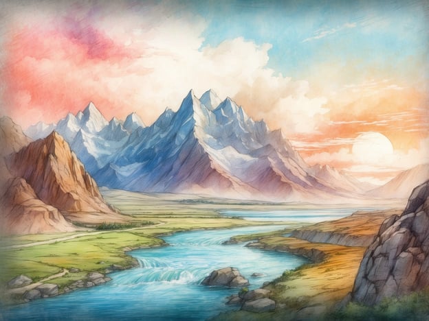 Auf dem Bild ist eine malerische Landschaft mit hohen Bergen im Hintergrund zu sehen. Diese Berge sind teilweise schneebedeckt und erstrecken sich in den Himmel, während die Farben des Himmels von einem zarten Blau bis zu einem warmen Orange und Rosé übergehen, was auf einen Sonnenuntergang hindeutet.
Im Vordergrund fließt ein breiter Fluss, der sanft über Steine gleitet und sich durch eine grüne Wiese schlängelt. Die Ufer des Flusses sind mit Gras und kleinen Büschen bewachsen, und es gibt einen Weg, der entlang des Flusses verläuft. Die gesamte Szenerie vermittelt eine friedliche, natürliche Atmosphäre und zeigt die Schönheit der unberührten Natur.