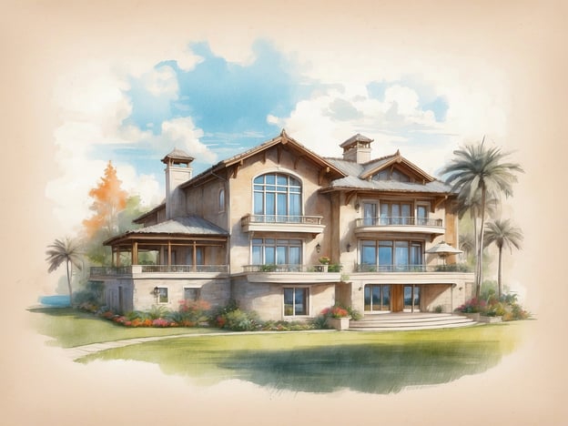 Auf dem Bild ist ein großflächiges, elegantes Wohnhaus zu sehen, das durch seine Architektur und das ansprechende Design besticht. Es hat mehrere Etagen, große Fenster und Balkone, die einen Blick auf die umgebende Landschaft bieten. Um das Haus herum gibt es gepflegte Gärten mit bunten Blumen und Palmen, was das Ambiente freundlich und einladend macht.
In Bezug auf Unterkünfte könnte dieses Haus mehrere Zimmer umfassen, wie Wohn- und Esszimmer, Schlafzimmer und möglicherweise auch Arbeitsräume. Die offenen Veranda- oder Balkonbereiche bieten Platz zum Entspannen und Genießen der Aussicht. Dies ist ein idealer Ort für eine luxuriöse Unterkunft mit einer Vielzahl von Annehmlichkeiten.