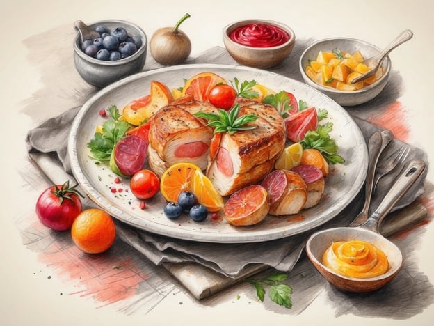 Auf dem Bild ist eine kunstvoll angerichtete Speise zu sehen, die eine Kombination aus Fleisch und frischen Obstsorten präsentiert. Das Hauptgericht scheint ein saftiges, gebratenes Stück Fleisch zu sein, das mit Kräutern garniert ist. Rund um das Fleisch sind verschiedene bunte Beilagen angeordnet, darunter Scheiben von Zitrusfrüchten wie Orangen und Grapefruits, die dem Gericht eine frische Note verleihen.
Zusätzlich sind kleine Schalen mit anderen kulinarischen Köstlichkeiten wie einer fruchtigen Sauce und vielleicht einer weiteren Beilage oder einem Dip zu sehen. Die Präsentation wirkt sehr einladend und zeigt eine harmonische Verbindung von Aromen und Farben, die typisch für eine gehobene Gastronomie ist. Solch ein Gericht könnte bei einem festlichen Anlass oder in einem feinen Restaurant serviert werden.