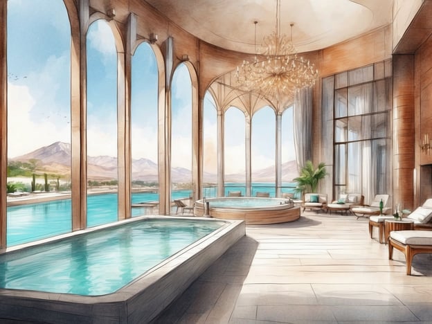 Auf dem Bild ist ein eleganter Wellnessbereich eines Hotels zu sehen. Es gibt einen großen, lichtdurchfluteten Raum mit beeindruckenden hohen Fenstern, die einen wunderschönen Blick auf das Wasser und die Natur bieten.
Zu den Einrichtungen gehören:
- Ein Whirlpool, der zum Entspannen einlädt.
- Ein Swimmingpool, ideal für Erfrischung und Freizeitaktivitäten.
- Gemütliche Liegen und Sitzbereiche, perfekt zum Relaxen oder für kleine Erfrischungen.
- Eine stilvolle Einrichtung mit luxuriösen Materialien und einem modernen Design.
Insgesamt vermittelt der Raum eine Atmosphäre von Ruhe und Exklusivität, ideal für Wellness- und Erholungsaufenthalte.