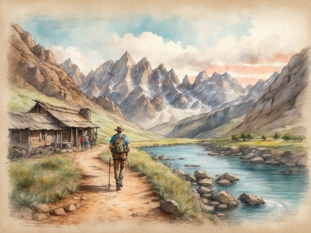 Auf dem Bild ist ein Wanderer zu sehen, der auf einem Pfad in einer bergigen Landschaft entlangläuft. Im Hintergrund erkennt man majestätische Berge und einen klaren Fluss, der durch das Tal fließt. Es gibt eine rustikale Hütte und einige weitere Wanderer in der Nähe.
In dieser Art von Umgebung könnten Aktivitäten wie Wandern, Radfahren und Angeln sehr beliebt sein. Sehenswürdigkeiten in der Nähe könnten malerische Aussichtspunkte oder Naturparks sein, die die beeindruckende alpine Landschaft zeigen. Außerdem könnten lokale Trails und Naturschutzgebiete zur Erkundung einladen.