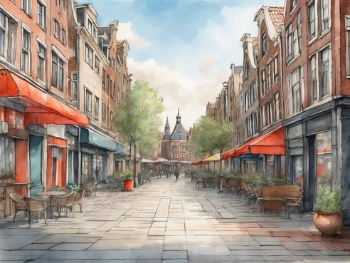 Eine malerische Straße in Amsterdam mit klassischen Gebäuden und Cafés, die gemütlich eingerichtete Terrassenbereich besitzen. Die Häuser sind in warmen Farbtönen gehalten und haben rote Markisen. Auf der Straße stehen Bäume und Blumentöpfe, während Gäste in den Cafés entspannen. Im Hintergrund ist ein markantes Gebäude mit einem spitzen Turm zu sehen, das der Szene eine charmante Atmosphäre verleiht. Die Beleuchtung ist sanft und erzeugt eine einladende Stimmung.