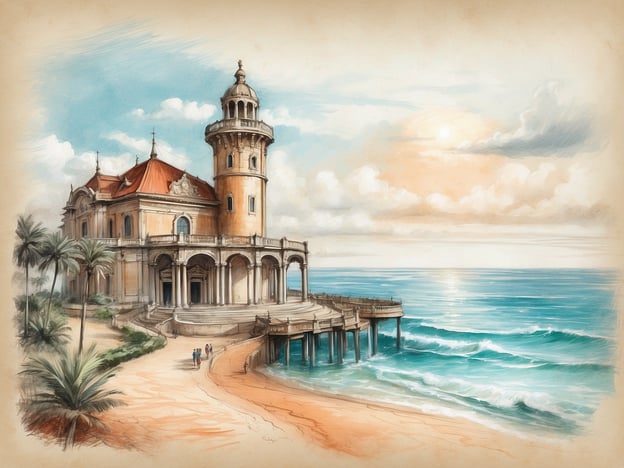 Auf dem Bild ist ein malerisches, historisches Gebäude am Meer zu sehen, umgeben von Palmen und einem Sandstrand. Die Architektur erinnert an einen wunderschönen Küstensitz mit einer Terrasse, die zum Meer hinunterführt.
In der Nähe könnten Sehenswürdigkeiten wie der Leuchtturm von Alexandria oder das Fort Qaitbay liegen, die beide in der Region sind und bedeutende historische Stätten darstellen. Auch der Strand von Alexandria wäre sicherlich Teil der Umgebung, wo Menschen häufig entspannen und die Aussicht auf das Mittelmeer genießen.