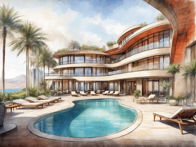 Auf dem Bild ist eine luxuriöse Hotelanlage mit einem Pool zu sehen, umgeben von Palmen und einer modernen Architektur. Das Gebäude hat große Glasfenster und Balkone, die einen Blick auf das Wasser bieten. Solche Eigenschaften sind typisch für gehobene Hotels, einschließlich der NH Hotels, die für ihre ansprechende Gestaltung und komfortable Ausstattung bekannt sind.
Die NH Hotels bieten oft moderne Annehmlichkeiten, Gastronomieoptionen und eine zentrale Lage in Städten, was sie zu einer beliebten Wahl für Geschäfts- und Urlaubsreisen macht. Ein Blick auf das stilvolle Design und die entspannende Atmosphäre könnte darauf hinweisen, dass hier Gäste einen komfortablen Aufenthalt genießen können.