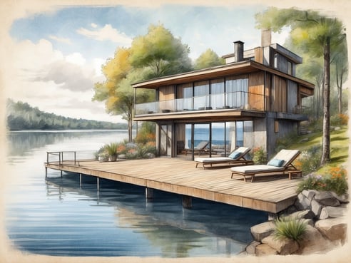 Ein modernes, elegantes Haus am Wasser, umgeben von Bäumen und bunten Blumen. Die Struktur hat große Fenster und eine Terrasse mit Liegen, die über eine Holzplanken-Dockfläche direkt zum See führt. Im Hintergrund sind sanfte Hügel und der klare Himmel zu sehen, was eine ruhige und entspannende Atmosphäre vermittelt.