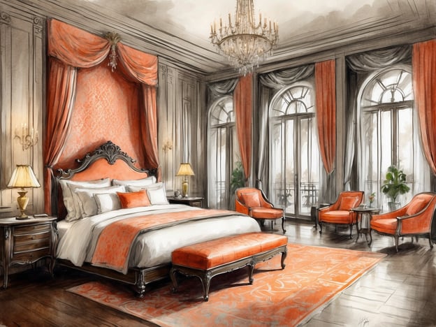 Auf dem Bild ist ein elegantes Schlafzimmer zu sehen, das eine warme und einladende Atmosphäre ausstrahlt. Die Einrichtung umfasst ein großes, gestaltetes Bett mit hochwertigen Kissen und eine schöne Bettwäsche in sanften Farben.
Neben dem Bett stehen stilvolle Nachttische mit dekorativen Lampen, die für eine gemütliche Beleuchtung sorgen. An den Fenstern sind große Vorhänge angebracht, die ebenfalls die warme Farbpalette aufgreifen.
Im Raum befinden sich auch zwei bequeme Sessel sowie ein Hocker, die zum Entspannen einladen. Die Bodenbeläge scheinen aus dunklem Holz zu sein, was dem Raum eine luxuriöse Note verleiht. Pflanzen und ein Teppich vollständigen die Wohlfühlatmosphäre.
Zu den Annehmlichkeiten in einem solchen Raum könnten hochwertige Pflegeprodukte, kostenloses WLAN, ein Minikühlschrank und eventuell ein Zimmerservice gehören, um den Aufenthalt noch angenehmer zu gestalten.