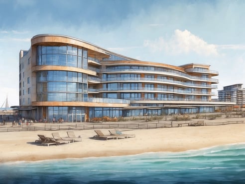 Das Bild zeigt das Leonardo Hotel IJmuiden Seaport Beach, ein modernes Gebäude mit großen Glasfenstern und geschwungener Architektur. Im Vordergrund sind Liegen am Strand zu sehen, die sandige Küste erstreckt sich entlang des Wassers. Im Hintergrund sind weitere Gebäude und ein Segelboot zu erkennen, während der Himmel hellblau mit einigen Wolken ist.