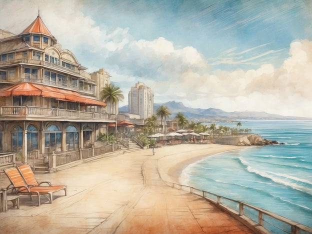 Auf dem Bild ist ein malerischer Strand mit einer Promenade zu sehen. Im Vordergrund befinden sich einige Liegestühle. Im Hintergrund sieht man ein historisches Gebäude sowie moderne Hochhäuser und Palmen, die eine entspannte Atmosphäre vermitteln. Die Farben und der Himmel wirken freundlich und einladend.
Betrachtet man die Lage der NH Hotels in Iquique, liegt das Hotel in der Nähe der Küste, was es Gästen ermöglicht, ähnliche Ausblicke auf den Strand und die Umgebung zu genießen. Die Verbindung zur Promenade und den Annehmlichkeiten in der Nähe sorgt für einen angenehmen Aufenthalt in der Stadt.
