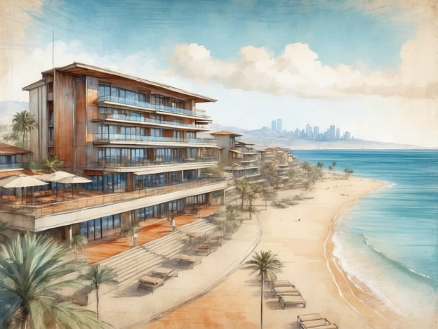 Auf dem Bild ist eine künstlerische Darstellung eines Küstenhotels zu sehen, das an einem Strand liegt. Das Gebäude hat mehrere Etagen mit großen Fenstern und Balkonen, die einen schönen Blick auf das Meer bieten. Vor dem Hotel sind Liegen und Sonnenschirme auf dem Sandstrand angeordnet.
Der NH Hotels Iquique Pacifico ist ein modernes Hotel, das direkt am Strand gelegen ist und eine ideale Lage für Erholung und Freizeitaktivitäten bietet. Es verfügt über komfortable Zimmer, einen Poolbereich sowie gastronomische Angebote. Die Umgebung lädt zum Entspannen und Genießen der Natur ein, während die Stadt Iquique in der Ferne zu sehen ist.