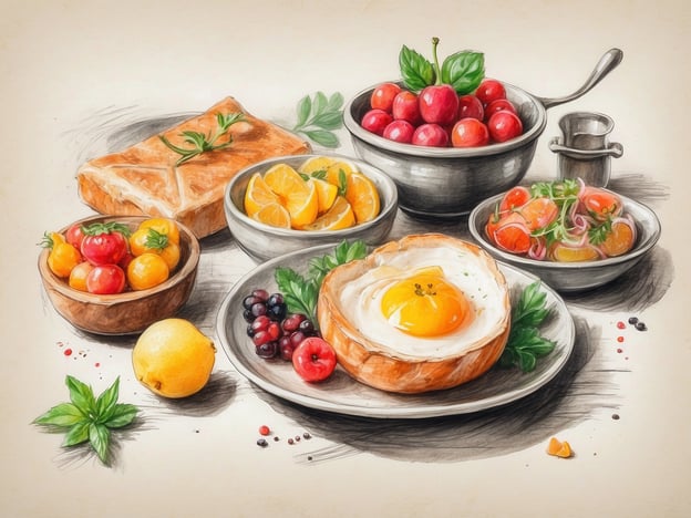 Auf dem Bild sind verschiedene gastronomische Erlebnisse zu sehen, die in einem Hotel serviert werden könnten. Es gibt eine Auswahl an frischem Obst, darunter Kirschen, Orangen und Tomaten, die eine bunte und gesunde Komponente bieten. Ein frisch zubereitetes Ei in einem knusprigen Brötchen sorgt für einen herzhaften Genuss. Dazu wird eine fein dekorierte Salatplatte präsentiert, die eine hervorragende Beilage darstellt.
Solche gastronomischen Erlebnisse könnten Teil eines reichhaltigen Frühstücksbuffets sein, das Gästen eine Vielzahl an Geschmäckern und Texturen bietet. Der ansprechende Anrichtungsstil macht das Essen zu einem Fest für die Sinne und trägt zur Atmosphäre eines luxuriösen Hotelaufenthalts bei.