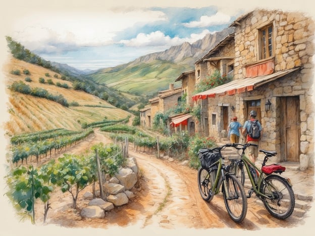 Auf dem Bild sieht man eine malerische Landschaft mit sanften Hügeln und Weinreben, die sich entlang eines kleinen Weges erstrecken. Im Vordergrund stehen zwei Fahrräder, was darauf hindeutet, dass die Personen eine Radtour unternehmen.
Freizeitaktivitäten in dieser Umgebung könnten Weinverkostungen in lokalen Weingütern sein, Wanderungen durch die wunderschöne Landschaft oder Radfahren auf den gut ausgebauten Wegen. Sehenswürdigkeiten könnten auch historische Dörfer mit alten Steinhäusern und charmanten Cafés sein, die zum Verweilen einladen. Die natürliche Schönheit und die kulturellen Angebote machen diesen Ort zu einem idealen Ziel für einen erholsamen Ausflug.