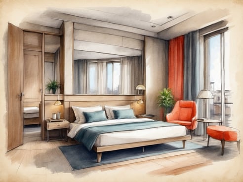 Ein modernes Hotelzimmer im Leonardo Hotel Papendrecht mit einem großen Doppelbett, versehen mit weißen und türkisfarbenen Kissen. An der Wand befindet sich ein minimalistisches Design mit Holzvertäfelungen und einer Bank, auf der zwei Tassen stehen. Neben dem Bett steht eine Lampe. Die großen Fenster lassen viel Tageslicht herein und bieten einen Blick auf die Stadt. Im Raum stehen eine stilvolle rote Sesselgruppe sowie eine kleine Tischlampe und eine Pflanze, die eine einladende Atmosphäre schaffen.