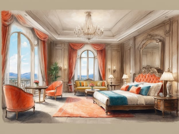 Auf dem Bild ist ein elegantes Schlafzimmer zu sehen. Die Einrichtung umfasst:
- Ein großes Bett mit einem gepolsterten Kopfteil in einem warmen Orangeton.
- Zwei Nachttische mit Lampe auf jeweils einer Seite des Bettes.
- Ein Teppich, der den Raum optisch aufwertet.
- Ein gemütlicher Sitzbereich mit roten Sessel und einem kleinen Tisch.
- Eine grüne Couch, die einen Akzent im Raum setzt.
- Große Fenster mit roten Vorhängen, die viel Tageslicht hereinlassen und einen Blick auf die Landschaft bieten.
- Ein dekorativer Spiegel an der Wand, der den Raum größer erscheinen lässt.
- Einige Pflanzen und Blumen als zusätzliche Deko-Elemente.
Die Kombination aus Farben und Materialien vermittelt ein Gefühl von Luxus und Annehmlichkeit.