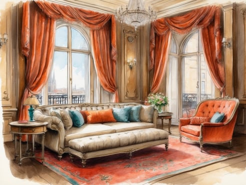 Ein elegantes Wohnzimmer im Leonardo Royal Hotel Den Haag Promenade, das mit einer stilvollen Couch und einem einzelnen Sessel ausgestattet ist. Die Couch hat einen hellen Stoff mit bunten Kissen in Türkis und Orange. Ein runder Tisch steht neben der Couch. Große Fenster sind mit schweren, orangeroten Vorhängen geschmückt, die viel Tageslicht hereinlassen und einen Blick auf die Stadt ermöglichen. Der Boden ist mit einem farbenfrohen Teppich bedeckt, und eine Vase mit frischen Blumen befindet sich auf dem Tisch. Die Wände sind mit kunstvollen Details verziert, und ein Kronleuchter hängt von der Decke.