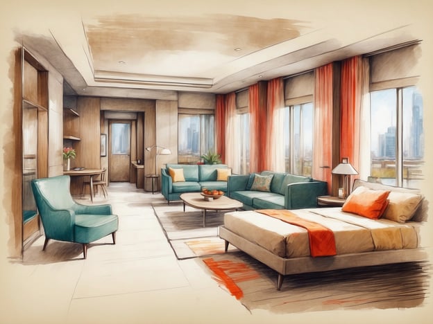 Auf dem Bild ist eine stilisierte Darstellung eines modernen Hotelzimmers zu sehen. Es zeigt einen offenen, hellen Raum mit großen Fenstern, die viel Licht hereinlassen. Die Einrichtung umfasst ein bequemes Bett mit einer auffälligen Decke, eine gemütliche Sitzgruppe mit bequemen Stühlen und einem Sofa, einen runden Tisch und eine moderne Lampenschirmleuchte. Die Farbpaletten bestehen aus angenehmen, warmen Tönen mit Akzenten in Türkis und Orange, was eine einladende und entspannende Atmosphäre schafft.
Das NH Hotel La Avanzada bietet eine komfortable und stilvolle Unterkunft. Es verfügt über gut ausgestattete Zimmer und Suiten, die ideal für Geschäfts- und Urlaubsreisende sind. Die Lage des Hotels bietet Gästen einen einfachen Zugang zu wichtigen Verkehrsverbindungen und Attraktionen in der Umgebung, während die modernen Annehmlichkeiten den Aufenthalt angenehm gestalten.