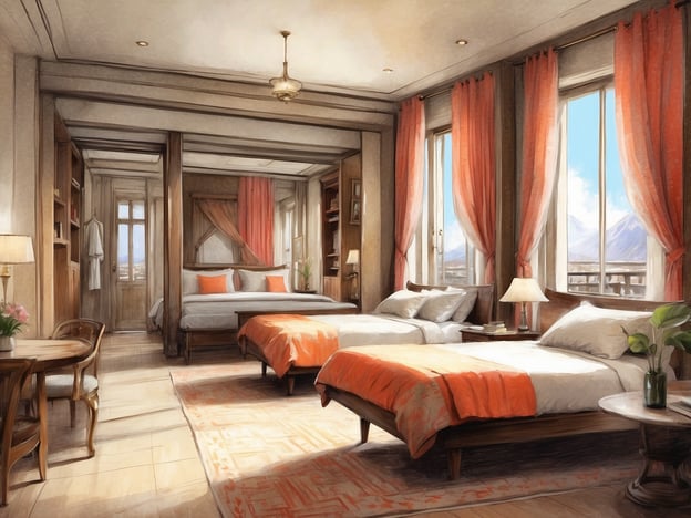 Auf dem Bild ist ein großzügig gestaltetes Hotelzimmer mit zwei Betten zu sehen, die jeweils mit orangeroten Decken ausgestattet sind. Es gibt einen Tisch mit zwei Stühlen, eine Lampe und große Fenster, die viel Licht und einen Blick auf die Umgebung bieten. Der Raum hat eine elegante und gemütliche Atmosphäre, die an die ansprechende Gestaltung typischer NH Hotels erinnert.
Das NH Hotel in Leganés bietet eine Vielzahl von Annehmlichkeiten, einschließlich moderner Zimmer, kostenlosem WLAN, einem Restaurant und Konferenzräumen. Es liegt günstig, um die örtlichen Sehenswürdigkeiten zu erkunden und bietet einen komfortablen Aufenthalt für Geschäftsreisende und Touristen.