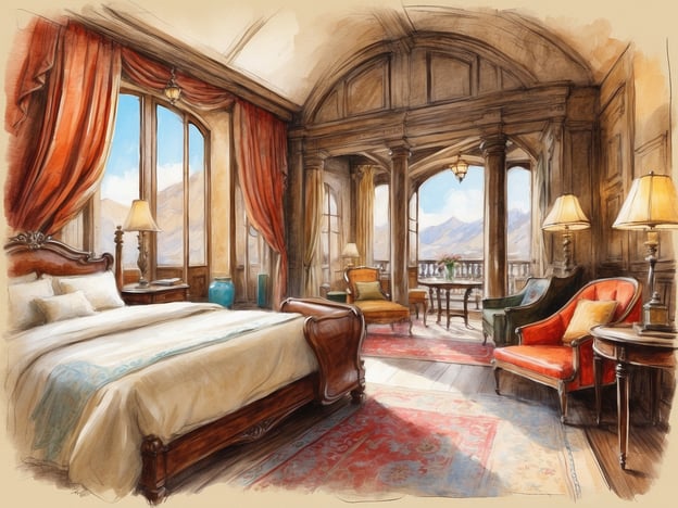 Auf dem Bild ist ein elegantes Hotelzimmer zu sehen. Es bietet eine komfortable Unterkunft mit einem großen Bett, das einladend aussieht. Die Fenster mit herrlichem Ausblick auf die Berge sorgen für eine helle und freundliche Atmosphäre.
Es gibt stilvolle Möbel wie bequeme Sessel und einen Tisch, die einen perfekten Platz zum Entspannen bieten. Die warmen Farbtöne der Vorhänge und Teppiche verleihen dem Raum eine gemütliche Note.
Zusätzlich kann man sich eine attraktive Auswahl an Angeboten vorstellen, wie etwa Wellness-Behandlungen, Frühstück im Zimmer oder geführte Touren in der Umgebung des Hotels, um den Aufenthalt noch angenehmer zu gestalten.