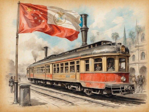 Auf dem Bild ist ein historischer Dampferzug zu sehen, der anscheinend in einem urbanen Umfeld unterwegs ist. Der Zug hat einen nostalgischen Charme und könnte auf das späte 19. oder frühe 20. Jahrhundert datiert werden.
Die beiden Flaggen, die im Bild präsent sind—die Flagge Chinas und eine, die möglicherweise die mexikanische Flagge repräsentiert—könnten auf eine kulturelle oder historische Verbindung zwischen China und Mexiko hinweisen. In der Geschichte gab es zahlreiche chinesische Einwanderer nach Mexiko, besonders während des 19. Jahrhunderts, die im Rahmen von Infrastrukturprojekten, wie dem Bau von Eisenbahnen, arbeiteten.
Durch die Darstellung des Zuges wird die Bedeutung der Eisenbahn als Symbol für Fortschritt und Industrialisierung unterstrichen. Die Eisenbahn revolutionierte den Transport und das Reisen in vielen Ländern und trug wesentlich zur wirtschaftlichen Entwicklung bei. In einer Zeit, in der die globalen Transaktionen und Migrationen zunahmen, symbolisiert der Zug auch die Begegnung und Vermischung verschiedener Kulturen.
Insgesamt verkörpert das Bild nicht nur die technische Innovation der Eisenbahn, sondern auch die historischen Verbindungen und den Austausch zwischen unterschiedlichen Ländern und Kulturen.
