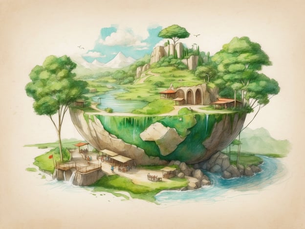 Auf dem Bild ist eine idyllische, magische Landschaft zu sehen, die starke Elemente der Natur und Nachhaltigkeit verkörpert. Die Szene zeigt eine grüne, üppige Insel, die über einer Wasserfläche schwebt, umgeben von Bergen und Wäldern.
Die Baumkronen und die Wasserfälle deuten auf eine gesunde Umwelt hin, während die kleinen Gebäude harmonisch in die Natur integriert sind, was auf ein umweltfreundliches Design und nachhaltige Architektur hinweist. Initiativen wie grüne Energiequellen und biologische Landwirtschaft könnten hier symbolisiert werden, um den Einklang zwischen Mensch und Natur zu betonen.
Insgesamt vermittelt das Bild eine Vision von einer zukunftsfähigen Welt, in der Nachhaltigkeit und Umweltschutz im Mittelpunkt stehen.