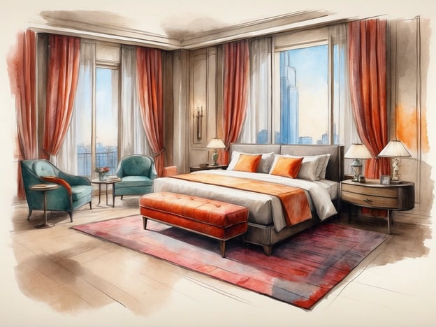 Auf dem Bild ist ein stilvolles Hotelzimmer oder eine luxuriöse Wohnung zu sehen. Die Ausstattung umfasst:
- Ein großes, komfortables Bett mit weißen und orangefarbenen Kissen.
- Eine gemütliche Sitzgruppe mit zwei grünen Sesseln und einem kleinen Tisch.
- Ein elegantes, gepolstertes Fußende in Orange am Bett.
- Fenster mit langen, roten Vorhängen, die einen Blick auf die Stadt ermöglichen.
- Nachtische mit Lampen auf beiden Seiten des Bettes.
- Einen dekorativen Teppich in warmen Farbtönen.
Die gesamte Umgebung wirkt einladend und modern.