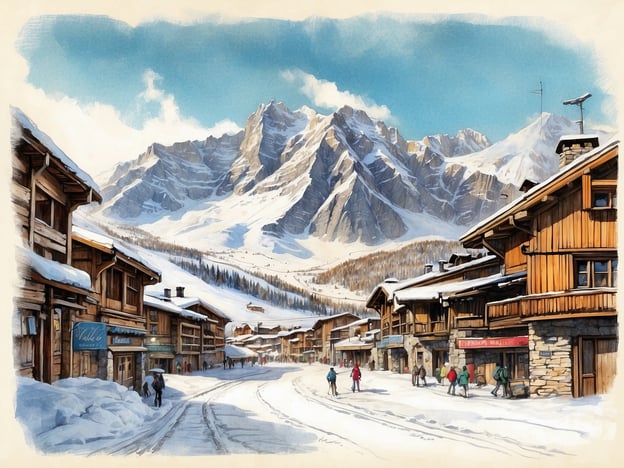 Auf dem Bild ist eine malerische Winterlandschaft zu sehen, die an das charmante Dorf Val d'Isère erinnert. Umgeben von majestätischen Bergen ist die Straße mit schnee bedeckten Holzchalets gesäumt. In dieser idyllischen Kulisse bewegen sich einige Menschen, die sich möglicherweise auf den Weg zu den Skiliften oder einem gemütlichen Café machen.Val d'Isère hat eine reiche Geschichte als beliebtes Skigebiet, das für seine hochgelegenen Pisten und seine klassischen Almhütten bekannt ist. Ursprünglich war es ein kleines Dorfbewohnerdorf, das sich im Laufe der Jahre zu einem lebhaften Ziel für Wintersportliebhaber entwickelt hat. Die Kombination aus traditioneller Architektur und atemberaubender Natur zieht jedes Jahr zahlreiche Besucher an, die die herrlichen Schneelandschaften und das alpine Leben genießen möchten.