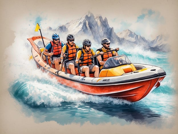 Auf dem Bild ist eine Gruppe von vier Personen zu sehen, die in einem schnell fahrenden Boot auf dem Wasser sind. Alle tragen Schwimmwesten und Helme, was auf Sicherheitsvorkehrungen hinweist.
**Freizeitmöglichkeiten:**
- **Bootsfahren:** Das Bild zeigt eine aufregende Freizeitaktivität auf dem Wasser, ideal für Abenteuerlustige.
- **Wassersport:** Aktivitäten wie Jetbootfahren und Wasserski könnten in diesem Umfeld angeboten werden.
**Services:**
- **Sicherheitsausrüstung:** Die Bereitstellung von Schwimmwesten und Helmen sorgt für die Sicherheit der Teilnehmer.
- **Professionelle Anleitung:** Möglicherweise wird eine fachkundige Anleitung für Wassersportaktivitäten angeboten, um ein sicheres Erlebnis zu garantieren.
Diese Art von Aktivität ist ideal für Menschen, die Adrenalin und Abenteuer in der Natur suchen.