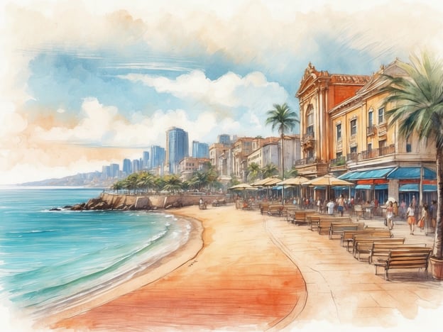 Auf dem Bild ist eine malerische Küstenlandschaft zu sehen. Im Vordergrund erstreckt sich ein Strand mit feinem Sand, der sanft ins türkisfarbene Wasser übergeht. Entlang der Strandpromenade stehen mehrere Bänke, und es sind viele Menschen unterwegs, die die Umgebung genießen.
Auf der rechten Seite befinden sich mehrere Gebäude, darunter ein auffälliges, elegantes Gebäude mit Balkonen und bunten Markisen. Palmen säumen die Straße, was eine tropische Atmosphäre schafft. Im Hintergrund kann man eine moderne Stadtsilhouette mit hohen Gebäuden erkennen, die auf eine belebte Stadt hinweist. Die Himmel sind hell und erscheinen freundlich, mit sanften Wolken, die die entspannte Stimmung des Ortes unterstreichen.