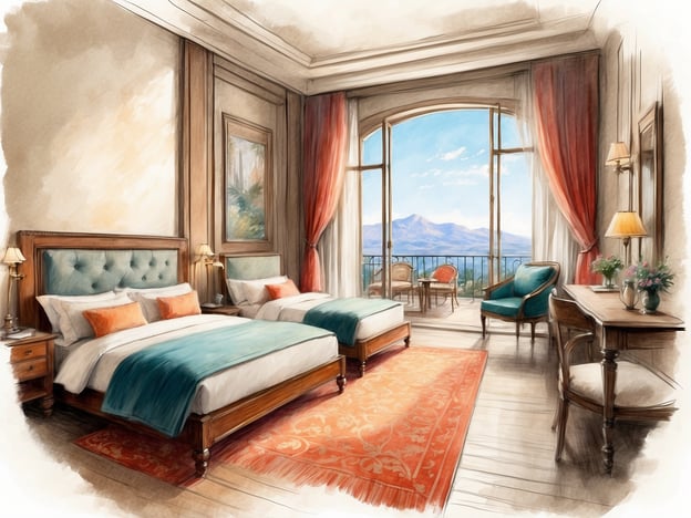 Auf dem Bild ist ein elegantes Hotelzimmer zu sehen. Es sind zwei große Betten mit modernen Bettwaren und farblich abgestimmten Kissen platziert. Der Raum ist hell und freundlich, mit großen Fenstern, durch die man einen reizvollen Ausblick auf die Berge hat.
Zu den Annehmlichkeiten zählen eine gemütliche Sitzecke mit Stühlen und einem Tisch, sowie ein Schreibtisch mit einer Lampe. Der Boden ist mit einem stilvollen Teppich bedeckt, und der Raum ist geschmackvoll mit Vorhängen und dekorativen Bildern eingerichtet. Die Atmosphäre vermittelt ein Gefühl von Komfort und Luxus.