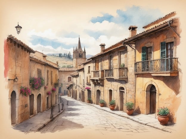 Auf dem Bild ist eine malerische, enge Gasse zu sehen, die von historischen Gebäuden gesäumt ist. Die Architektur der Häuser wirkt traditionell, mit warmen Farbtönen und liebevoll gestalteten Blumenkübeln. Im Hintergrund erhebt sich ein Kirchturm, der ein typisches Merkmal vieler spanischer Städte ist, und die sanften Hügel der Umgebung sind zu erkennen.
Diese Szenerie könnte sich in der Nähe des NH Hotels Logroño Herencia Rioja befinden, das in der Stadt Logroño in der Region La Rioja liegt. Die Gegend ist bekannt für ihre Weinproduktion und bietet eine charmante Verbindung von Kultur und Natur. Die Gassen von Logroño laden zum Flanieren ein und bieten zahlreiche Möglichkeiten, die lokale Gastronomie und Weine zu genießen. Die Umgebung ist ideal, um die historische Altstadt zu erkunden und die schöne Landschaft zu genießen.