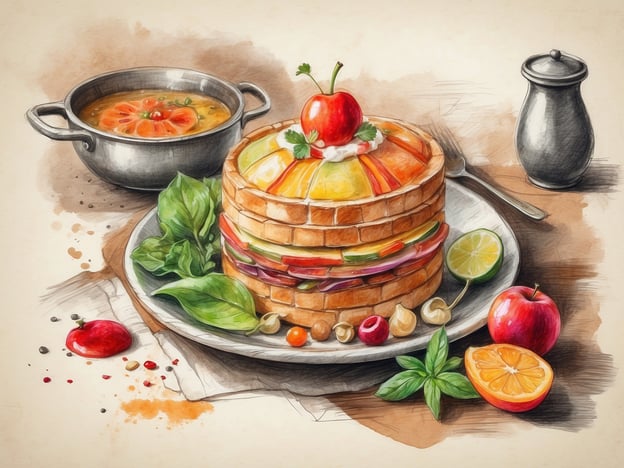 Auf dem Bild ist ein kunstvoll angerichtetes Gericht zu sehen, das aus mehreren Schichten besteht. Es handelt sich um einen geschichteten Turm aus Brot, der mit verschiedenen farbenfrohen Gemüsescheiben wie Paprika und Salat gefüllt ist. Oben ziert eine Kirsche das Ganze, was dem Gericht einen frischen und appetitlichen Look verleiht.
Neben dem Turm steht eine Schüssel mit einer cremigen Suppe, die mit Tomatenstückchen und wahrscheinlich Gewürzen angereichert ist. Zusätzlich sind verschiedene frische Früchte wie Äpfel und Orangen sowie einige Nüsse und Kräuter auf dem Teller arrangiert, was eine harmonische und gesunde Mahlzeit verspricht.
Die Präsentation erinnert an kreative Gastronomie, die sowohl die Augen als auch den Gaumen anspricht, und lädt dazu ein, die verschiedenen Texturen und Aromen zu entdecken.