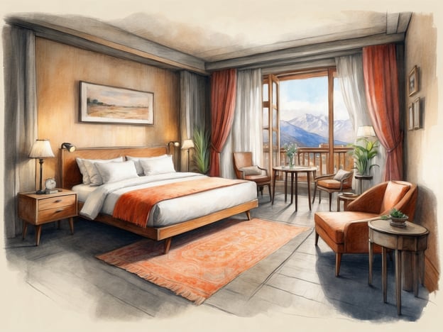Auf dem Bild ist ein gemütliches Hotelzimmer zu sehen. Es enthält ein großes, bequemes Bett mit weichen Kissen und einer orangefarbenen Tagesdecke. Neben dem Bett steht ein Nachttisch mit einer Lampe und einer Uhr.
Vor dem Fenster, das einen Blick auf die Berge ermöglicht, befinden sich zwei gemütliche Sessel und ein kleiner Tisch, der mit einer Blumenvase dekoriert ist. Die Fenster sind mit Vorhängen versehen, die dem Raum eine warme Atmosphäre verleihen. Ein Teppich auf dem Boden sorgt für zusätzlichen Komfort. Insgesamt strahlt das Zimmer Gemütlichkeit und Ruhe aus, ideal für einen entspannten Aufenthalt.