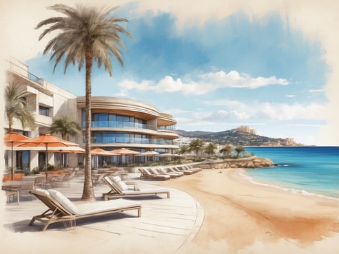 Das Bild zeigt das Leonardo Suites Hotel in Santa Eulalia, Ibiza, mit luxuriösen Liegen am Strand. Die von Palmen umgebenen Liegen sind mit orangefarbenen Sonnenschirmen ausgestattet. Im Hintergrund ist die moderne Architektur des Hotels zu sehen, das große Fenster und eine einladende Terrasse bietet. Die sanften Wellen des strahlend blauen Wassers und der klare Himmel mit wenigen Wolken vervollständigen die entspannende Atmosphäre.