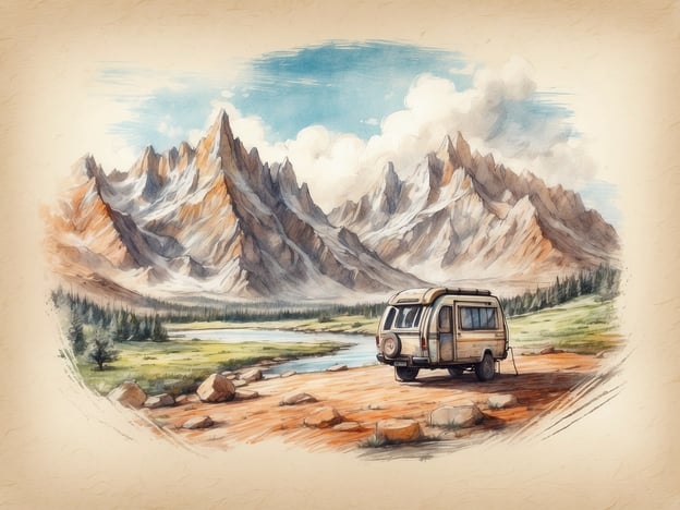 Auf dem Bild ist eine idyllische Landschaft zu sehen, die zum Campen und Outdoor-Aktivitäten einlädt. Eine Gruppe von majestätischen Bergen erstreckt sich im Hintergrund, während im Vordergrund ein Wohnmobil an einem ruhigen Flussparkplatz steht. Diese Szenerie eignet sich hervorragend für Freizeitangebote wie:
- **Camping**: Übernachtungen in der Natur mit atemberaubendem Ausblick.
- **Wandern**: Erkundungen der umliegenden Berge und Wanderwege.
- **Angeln**: Entspannen am Fluss und Fangen von Fisch.
- **Fotosafari**: Die schöne Natur fotografieren und festhalten.
Insgesamt strahlt das Bild eine entspannte und abenteuerliche Atmosphäre aus, die viele verschiedene Freizeitaktivitäten bietet.