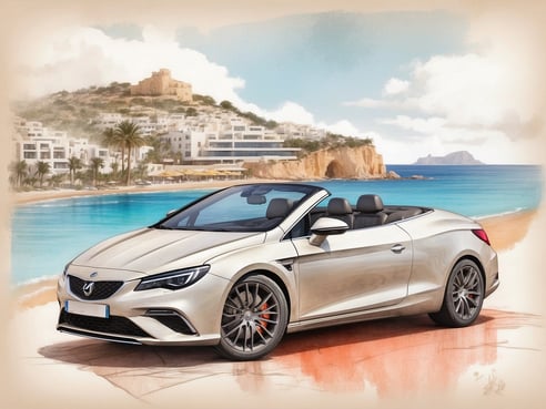 Ein elegantes Cabrio steht am Strand von Ibiza mit klarem, blauem Wasser im Hintergrund. Die Sonne scheint auf die goldene Karosserie des Fahrzeugs, während im Hintergrund die weiße Architektur des NYX Hotel Ibiza für eine mediterrane Atmosphäre sorgt. Palmen rahmen die Szene ein und sanfte Wellen schlagen sanft an den Strand.