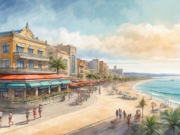 Auf dem Bild sind verschiedene Elemente einer belebten Strandpromenade zu sehen. Im Vordergrund erkennt man eine breite Uferstraße, auf der Menschen spazieren gehen. Es gibt mehrere Personen, die die Sonne genießen und zum Wasser hinunterblicken.
Auf der linken Seite befindet sich ein elegantes, mehrstöckiges Gebäude mit Balkonen und einem strahlend gelben Anstrich, das vermutlich ein Hotel oder ein Restaurant ist. Darunter sind Tische mit Sonnenschirmen auf der Terrasse zu sehen. Rechts davon sieht man weitere Gebäude, die eine Mischung aus alten und modernen Architekturstilen repräsentieren.
Die Umgebung ist geprägt von Palmen, die entlang der Promenade wachsen, und im Hintergrund erstreckt sich der Strand, der sanft ins Meer übergeht. Das Wasser hat eine beruhigende türkisfarbene Tönung, und kleine Wellen sind sichtbar. Der Himmel zeigt eine sanfte blau-graue Färbung mit einigen Wolken, was auf ein angenehmes Wetter hinweist. Insgesamt vermittelt das Bild eine entspannte, urlaubsartige Atmosphäre.